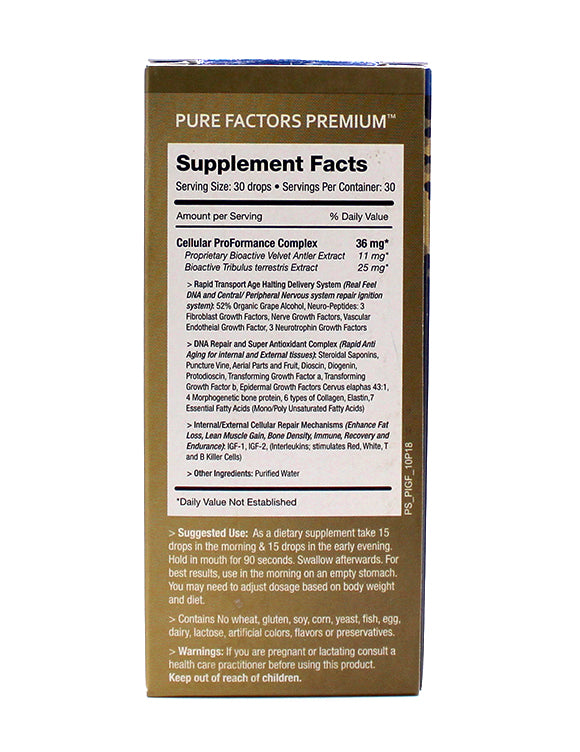 Pure Factors improved libido, mood, and hormonal balance, as well as increased energy. Velvet antler Tribulus anti-aging Growth factors anabolic compounds Cellular ProFormance Complex Velvet Antler master antioxidant, glutathione, Improved hormone production and libido, Increased energy  Immune Support Bone Density Joint/Connective Tissue Hair/Skin/Nails Endurance Recovery Repair Fat loss Skin and muscle tone General well-being